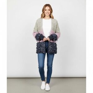 Kori America Fuzzy Cardigan Sweater Womens 1XL/2XL Multi Color Striped Cozy Warm